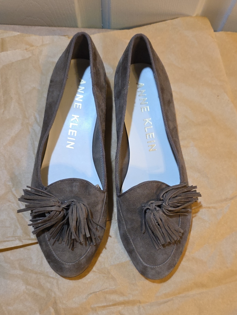 Anne Klein Taupe Suede Tassel Loafers